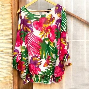 Ashley Stewart Pink Green Tropical Print‎ Split Sleeve Top